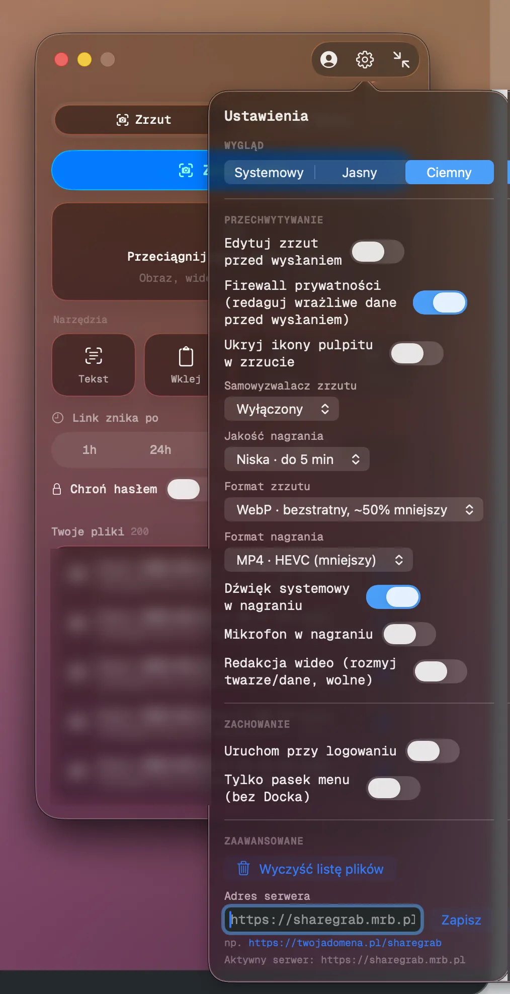The sharegrab window with its settings open: privacy firewall on, capture and recording formats, launch at login